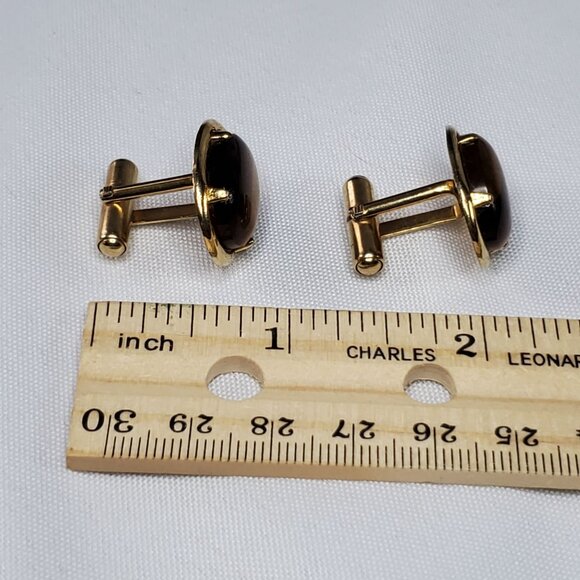 Vintage Gold-Tone Oval Tiger Eye Gemstone Cufflinks For Men - Picture 3 of 15